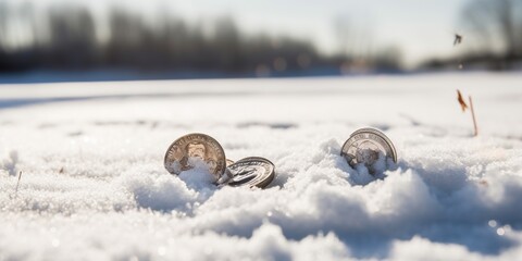 Money coins covered by ice and snow, winter landscape background, concept of Financial Risk Management, created with Generative AI technology