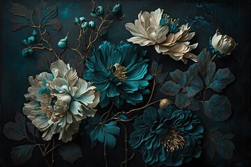 Subtly textured teal painted flowers dark moody background. Generative AI AIG15. - obrazy, fototapety, plakaty