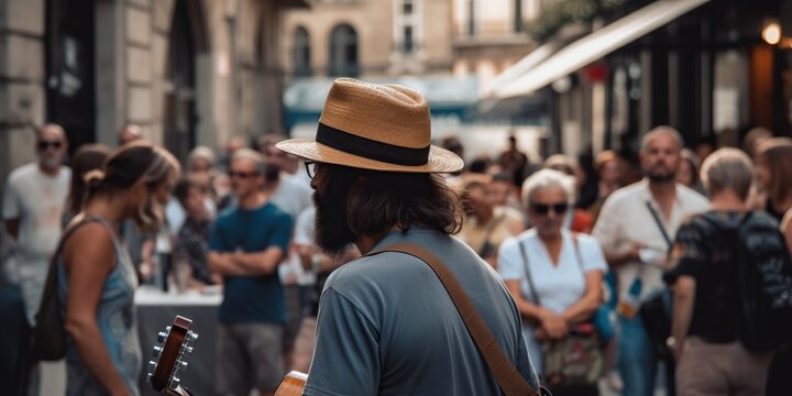 Person enjoying an impromptu musical performance by talented buskers, bringing the sounds of summer to a city street, concept of Street performance ambiance, created with Generative AI technology