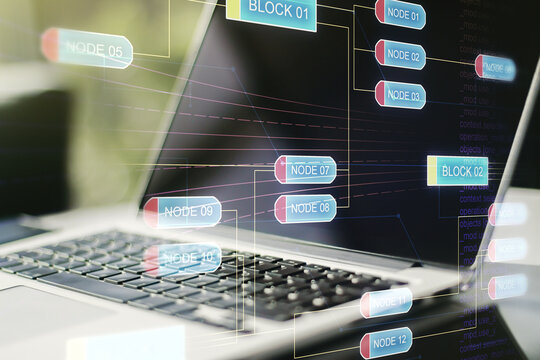 Multi exposure of abstract creative coding sketch on modern laptop background, artificial intelligence and neural networks concept