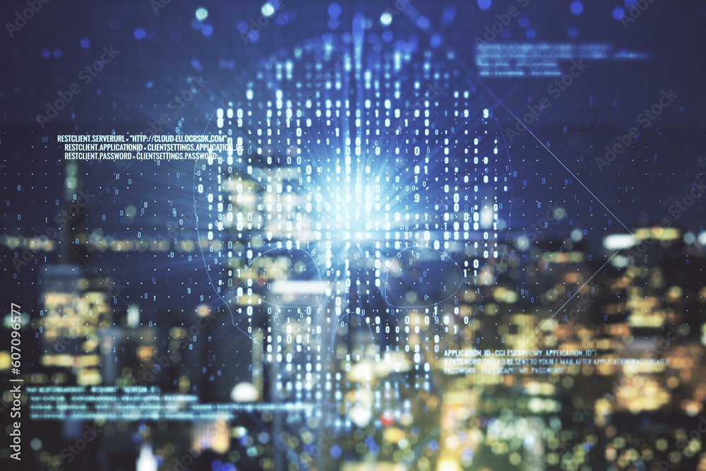 Poster double exposure of abstract virtual creative code skull hologram on blurry cityscape background. mal