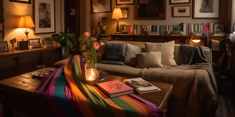 A warmly lit room with a pride flag draped over the couch, and an open photo album showcasing lgbtq memories on the coffee table, concept of LGBTQ representation, created with Generative AI technology