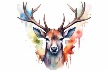 Watercolor portrait of a deer with antlers on a white background, generative Ai