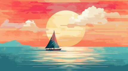 Fototapeta premium Sailboat on the sea at sunset. Digital illustration in retro style, generative Ai