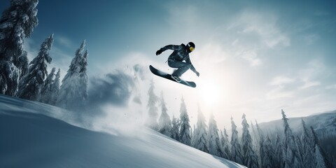 Naklejka na ściany i meble A thrilling image of a snowboarder soaring through the air, highlighting the fearlessness and skill of extreme winter sports, concept of Gravity-defying action, created with Generative AI technology