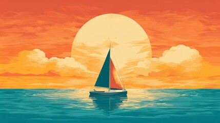 Fototapeta premium Sailing boat on the sea at sunset. Digital illustration in retro style, generative Ai