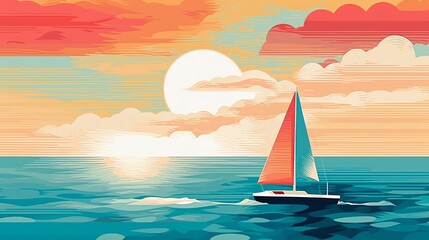 Naklejka premium Sailing yacht on the sea at sunset. Digital illustration in retro style, generative Ai