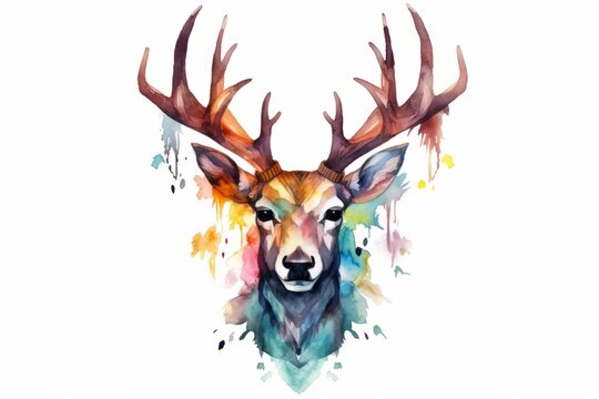 Watercolor deer head with flowers and leaves isolated on white background, generative Ai