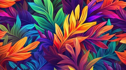 Fototapeta premium Seamless vector pattern with bright multicolored leaves of tropical plants, generative Ai