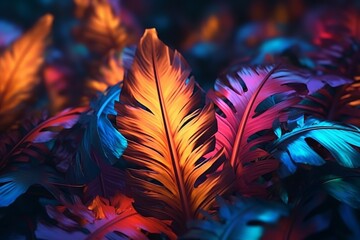 Obraz premium Tropical leaves in neon light. Colorful background. Selective focus., generative Ai