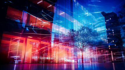 Obraz premium Image à double exposition d'immeuble, de bureaux urbains, et monde des affaires - Générative IA
