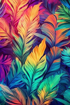 Tropical palm leaves background. Colorful exotic leaves texture, generative Ai