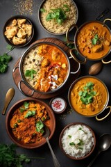 Indian cuisine. Assortment of different soups in bowls, top view, generative Ai