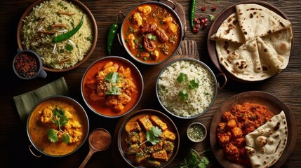 Fototapeta na wymiar Indian food in group includes Chicken tikka masala, Dal Makhani, Palak Paneer, Gajar Mantar, Palak Paneer, Rice etc, generative Ai