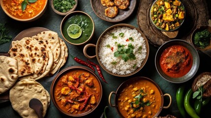 Assorted Indian dishes including Chicken tikka masala, chicken tikka masala, naan, curry, paneer, chutney, generative Ai