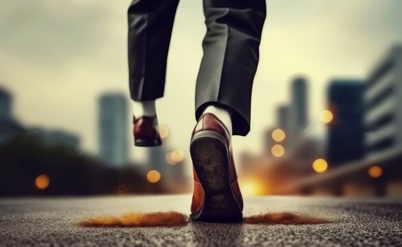 Close up of legs of businessman running on asphalt road in city in evening, generative Ai