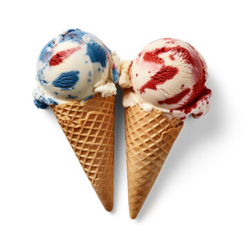 Two Ice Cream Cones With The Colors Of The American Flag On A White Background. Ice Cream Day In America. Generative AI