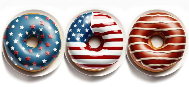 Assortment Of Donuts With Icing With American Flag Pattern On Icing On White Background. Donut Day In USA. Generative AI