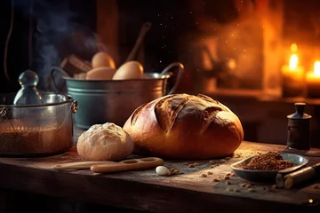 Afwasbaar Fotobehang Brood bake bread in front oven and stuff food photography