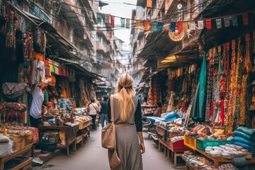 Woman tourist walking in authentic local market, street bazaar. Generative AI