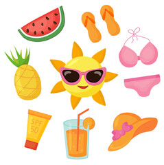 Vector collection of summer stickers. Sun in sunglasses, cream spf. Watermelon, pineapple. Pink bikini swimsuit with hat and flip flops. Orange cocktail with a straw.