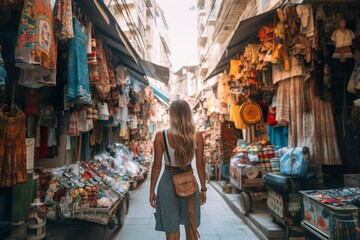 Woman tourist back view walking in aisle of authentic local market. Generative AI