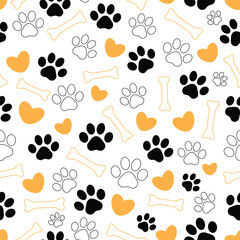 Seamless pattern with dogs paws, pet steps, bone and heart, footprint © MarienKh