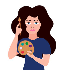 Woman artist. Young creative art girl holding palette and brush. Flat vector illustration on a white background.