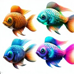 School of 4 Colorful Fluorescent Luminous Shiny Ecosystem Aquarium Water Tropical Glowing Marine Rainbow Neon Fish on a White background, ultraviolet uv light, exotic aquatic paradise, Generative AI