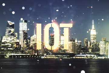 Creative IOT illustration on New York cityscape background, future technology concept. Multiexposure