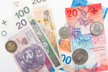 polish zloty currency and swiss francs currency coins and banknotes