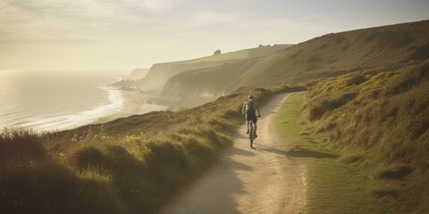 An enthusiastic cyclist riding along a scenic coastal path, emphasizing the health benefits and enjoyment of outdoor exercise, concept of Active lifestyle, created with Generative AI technology
