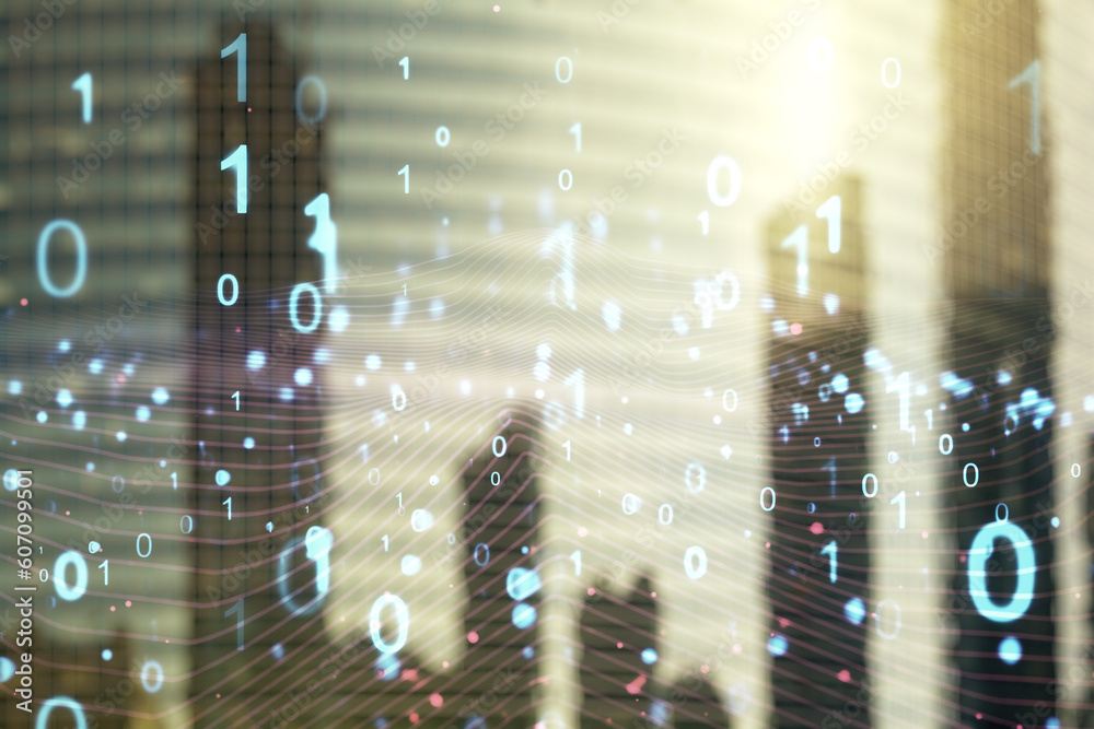 Leinwandbilder abstract virtual binary code illustration on office buildings background. big data and coding concep