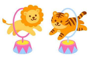 Cute  cartoon circus tiger and lion jumping through hoops