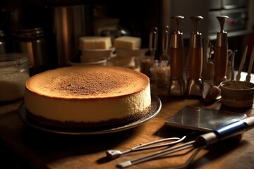 bake cheesecake in front oven and stuff food photography - obrazy, fototapety, plakaty
