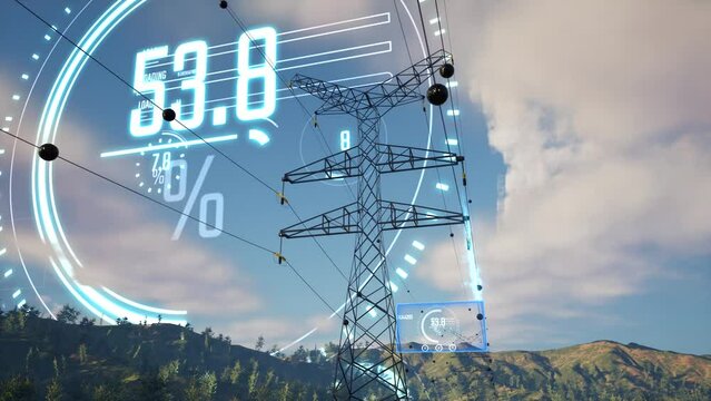 Transmission tower animation. Futuristic video with hud interface graphics and electric effect on cables