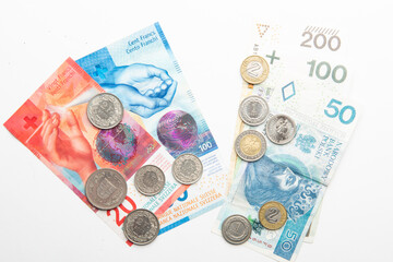 polish zloty currency and swiss francs currency coins and banknotes