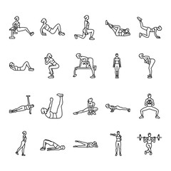 Woman fitness black line icons set. Pictograms for web page - obrazy, fototapety, plakaty