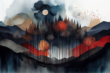 watercolor mountains and trees landscape