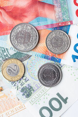 polish zloty currency and swiss francs currency coins and banknotes