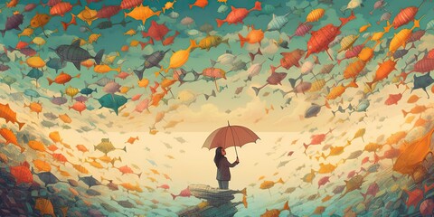 Scene of a person using an umbrella to float through a sky filled with colorful fish, evoking a sense of wonder and imagination, concept of Imaginative adventure, created with Generative AI technology