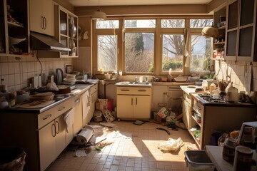 Extremely untidy, very messy unorganized and unclean dirty kitchen. Generative AI. Digital Art Illustration