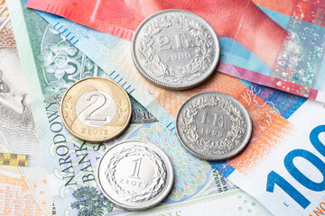 polish zloty currency and swiss francs currency coins and banknotes