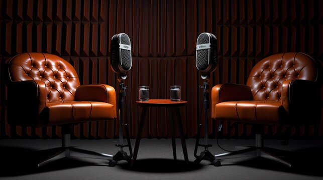 Podcast live or interview room with two chairs and microphones isolated on dark background. Generative AI. Digital Art Illustration