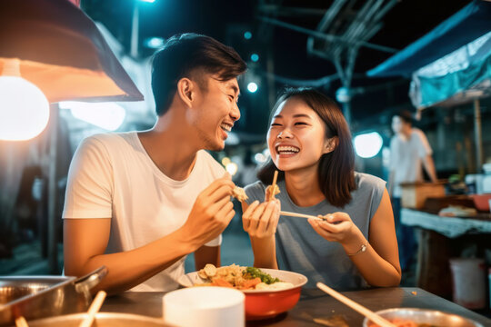 Candid Image Of A Joyful Asian Couple On A Date, Laughing And Enjoying Street Food In The City Nightlife, Generative Ai