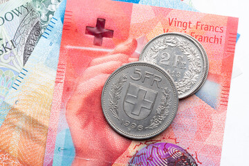 swiss francs currency coins and banknotes close-up