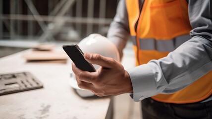 Fototapeta premium Engineer using mobile phone, smartphone at construction site Generative AI
