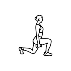 Woman does lunges with dumbbells black line icon.