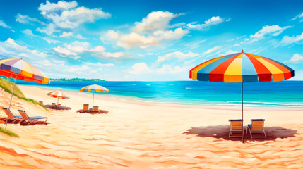 Beach, beach with umbrellas and sun loungers, Generative AI