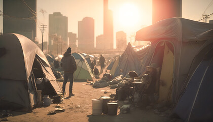 Concept of illegal immigrant of people to Europe. Refugee tent camp around Eiffel Tower in Paris city France, sun light. Generation AI - obrazy, fototapety, plakaty